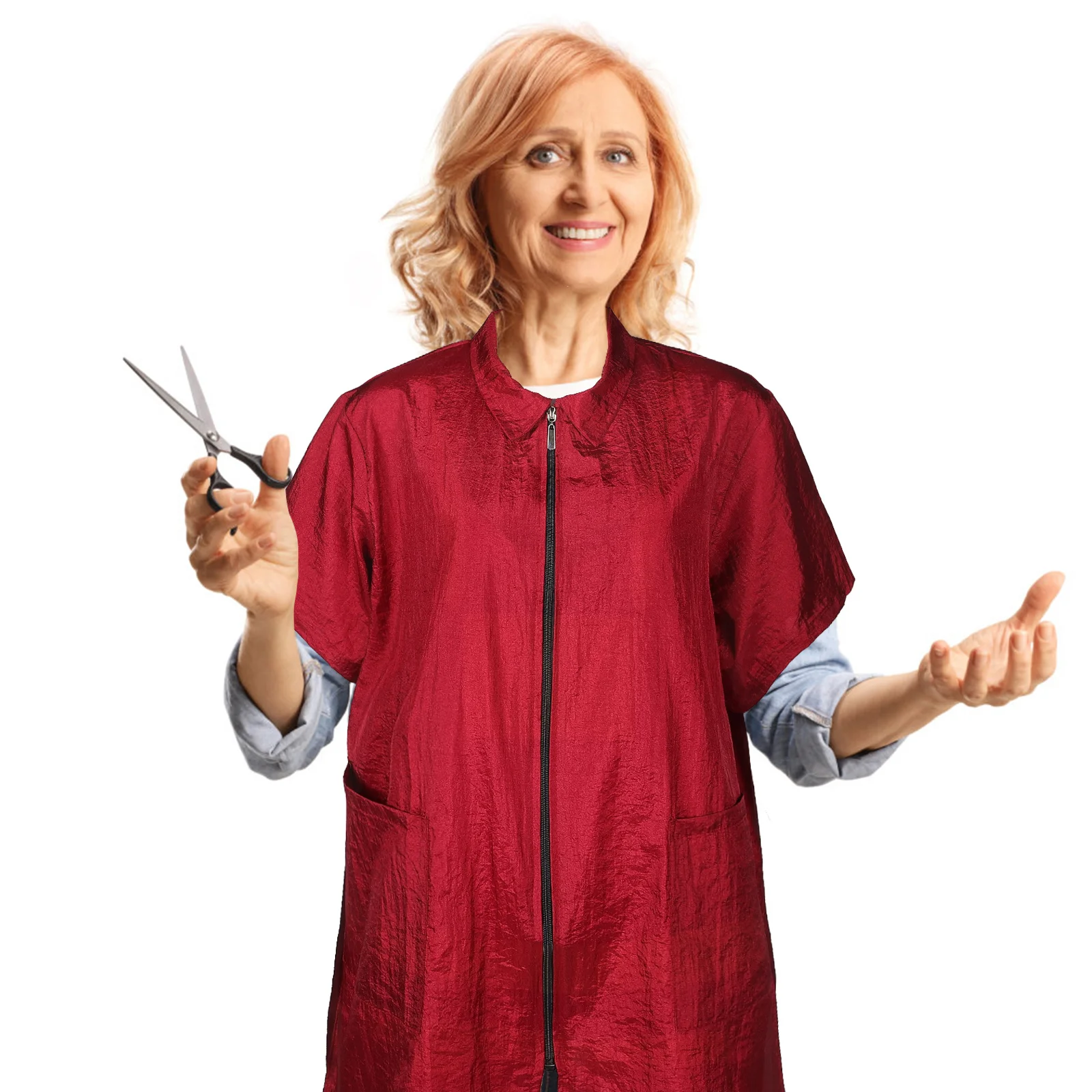 

Hair Dye Clothes Short Sleeve Red L Durable Nylon Zipper Design Practical Pocket for Hair Treatment Man Woman Workwear