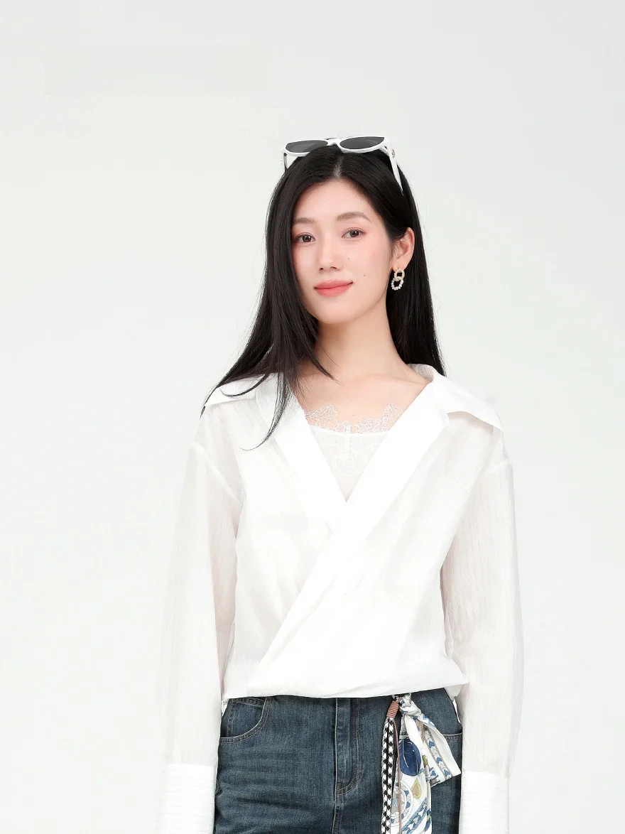 

Элегантная белая блузка с V-образным вырезом и длинными рукавами, с перекрестным дизайном, для повседневной носки, новинка Dailanzhi, весна-лето, свободный крой, женская блузка