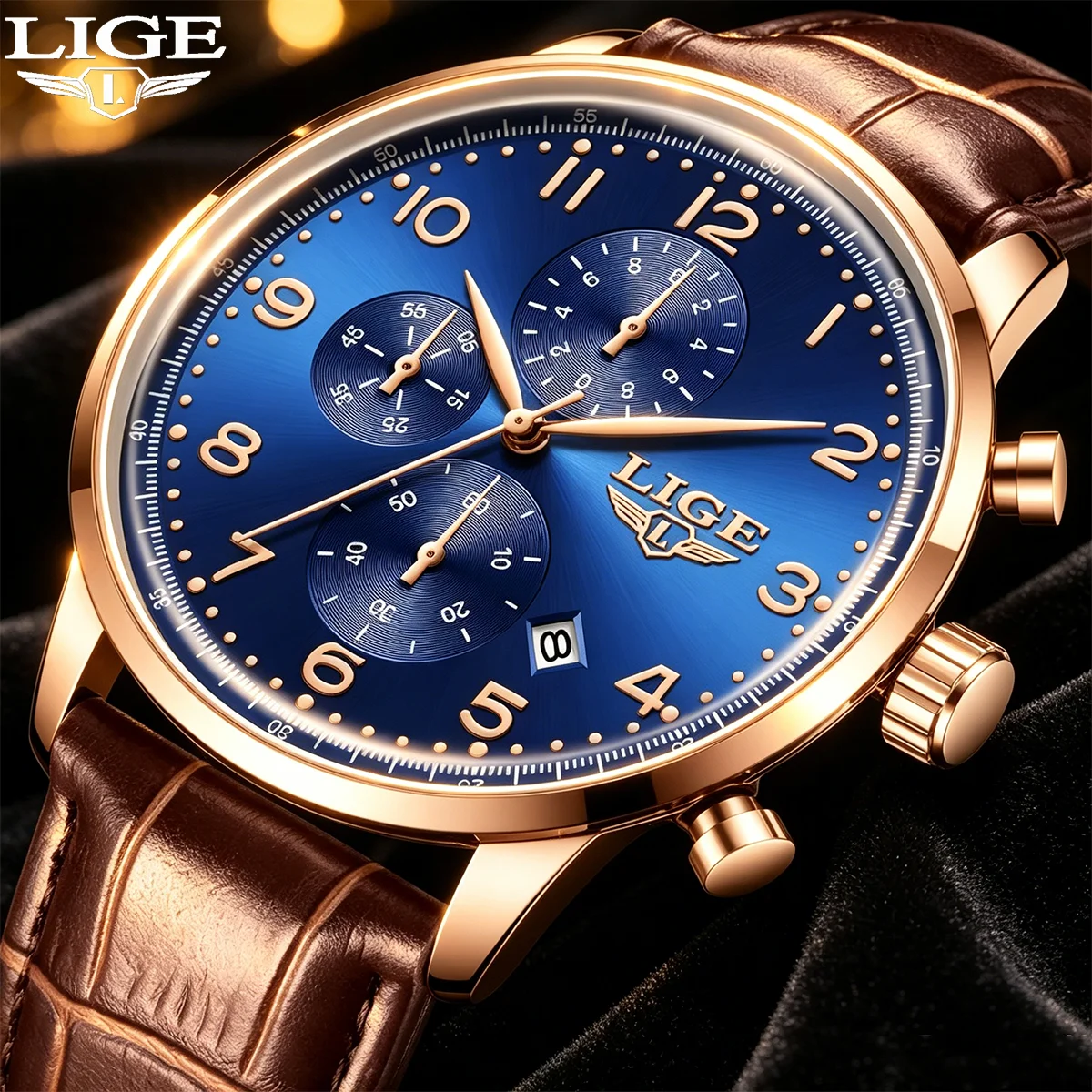 

LIGE Sport Men's Luxury Watch Calendar Waterproof Man Wristwatch Fashion Business Leather Chronograph Men's Quartz Watches Homme