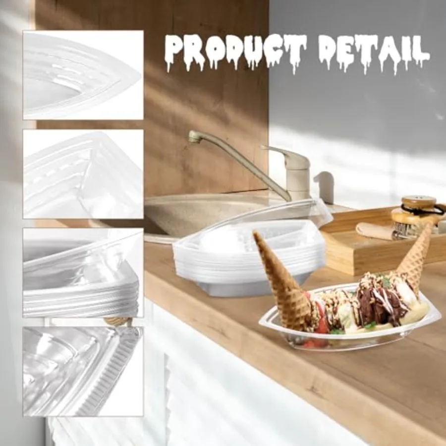 Pack Disposable Banana Split Boats, Ice Cream Sundae Bowls, and Clear Plastic Disposable Dessert Bowls for Parties, Concession view 3