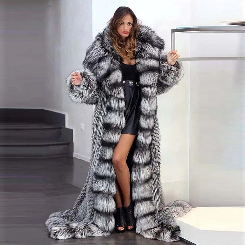 2022 winter amazing fur coats top thick warm longer silver fox fur coat with bigger hood stunning quality