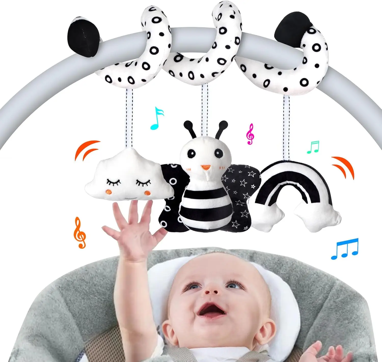 Juguetes para bebés con sonajero y Peep, asiento de coche sensorial de alto contraste y cochecito, juguete para cuna colgante en espiral para bebés de 0 a 6 meses