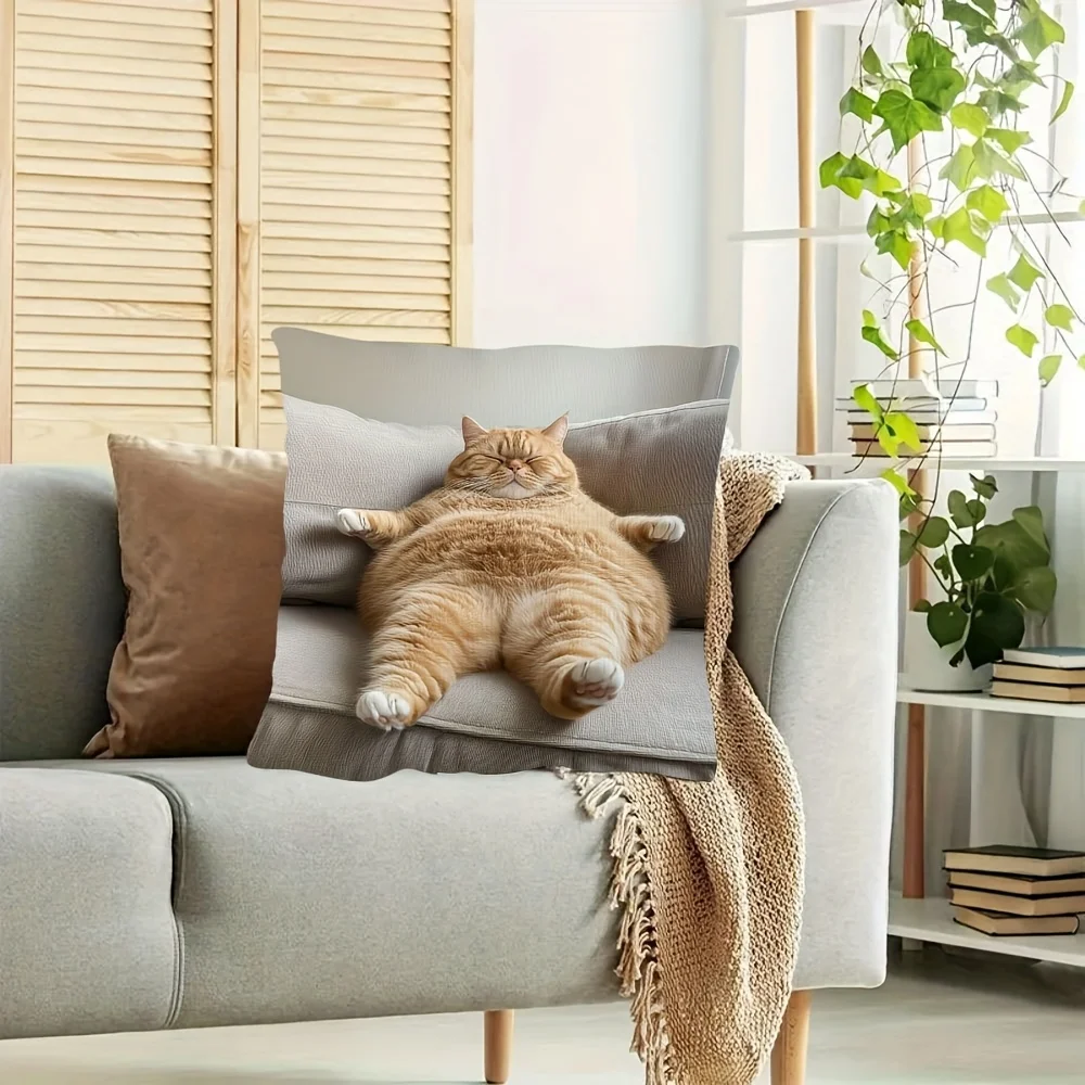 Ginger Cat Lounging on Sofa Print Pillow Cover, 18x18 Inches, Soft & Comfortable, Home Decorative Pillowcase