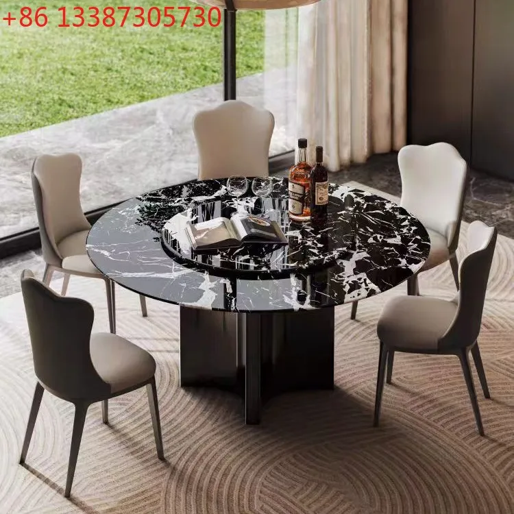 

New natural marble round dining table Italian light luxury high-end dining table
