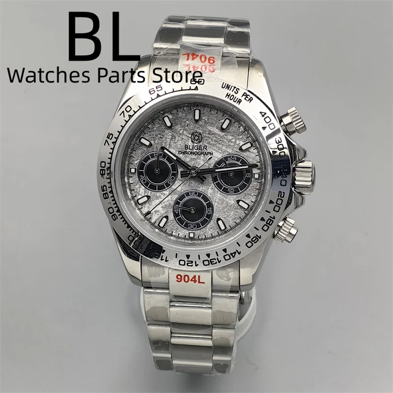 BLIGER Watch For Men 39mm Silver Men VK63 Sports Chronograph Quartz Watches Gray Meteorite Dial Sapphire Glass Relogio Masculino