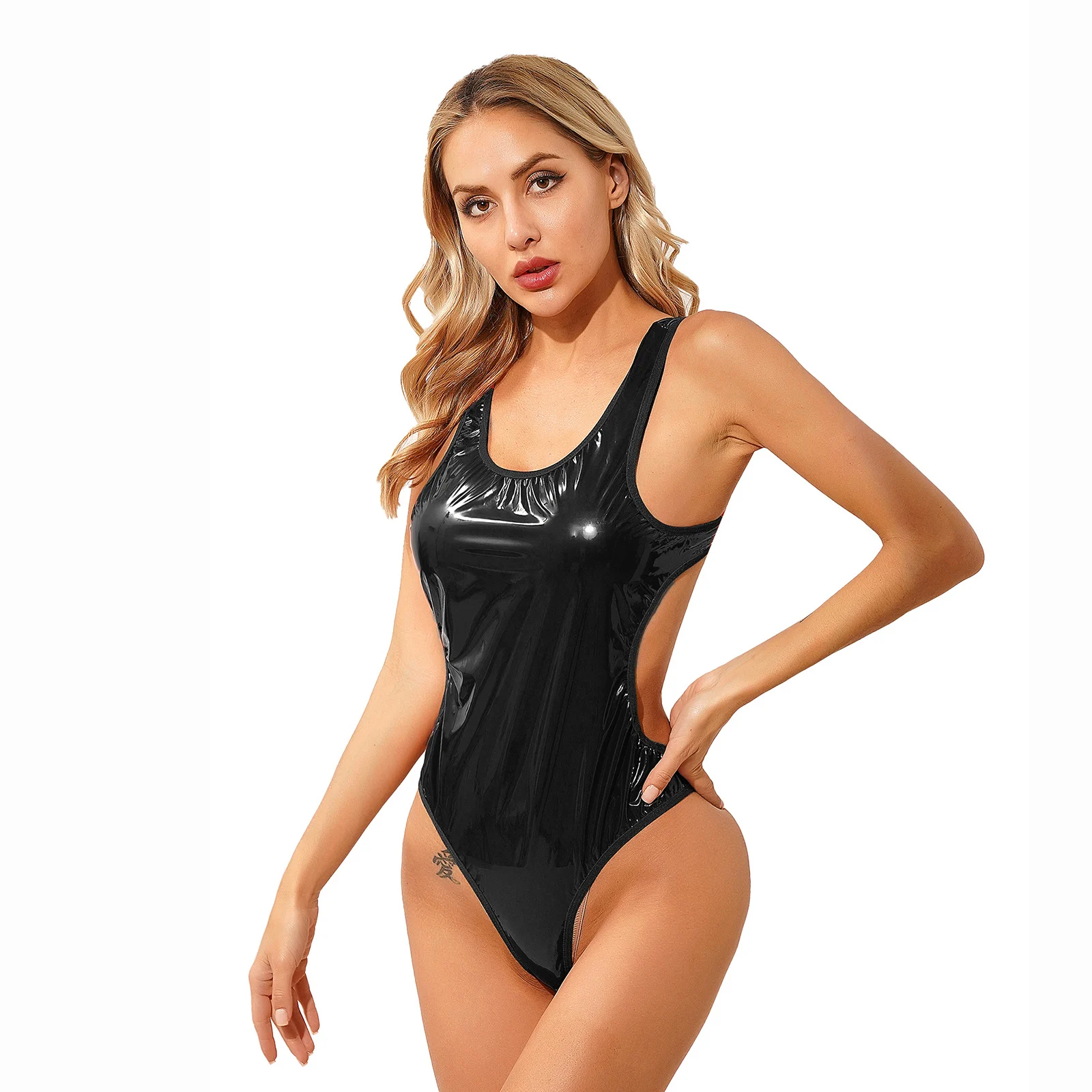 Women's Swimsuit One-Piece Pool Party Swimwear Wet Look Patent Leather Bodysuit Open Back U Neck Sleeveless Catsuit Clubwear