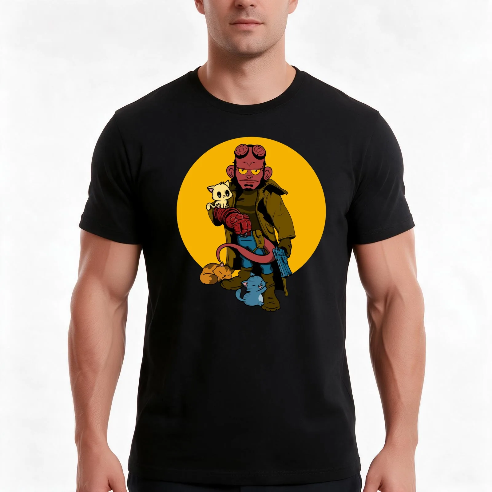 Hellboy loves kitties T-Shirt Summer Casual Cotton Tee Oversized Streetwear Tops Vintage Graphic Print Unisex Men Women