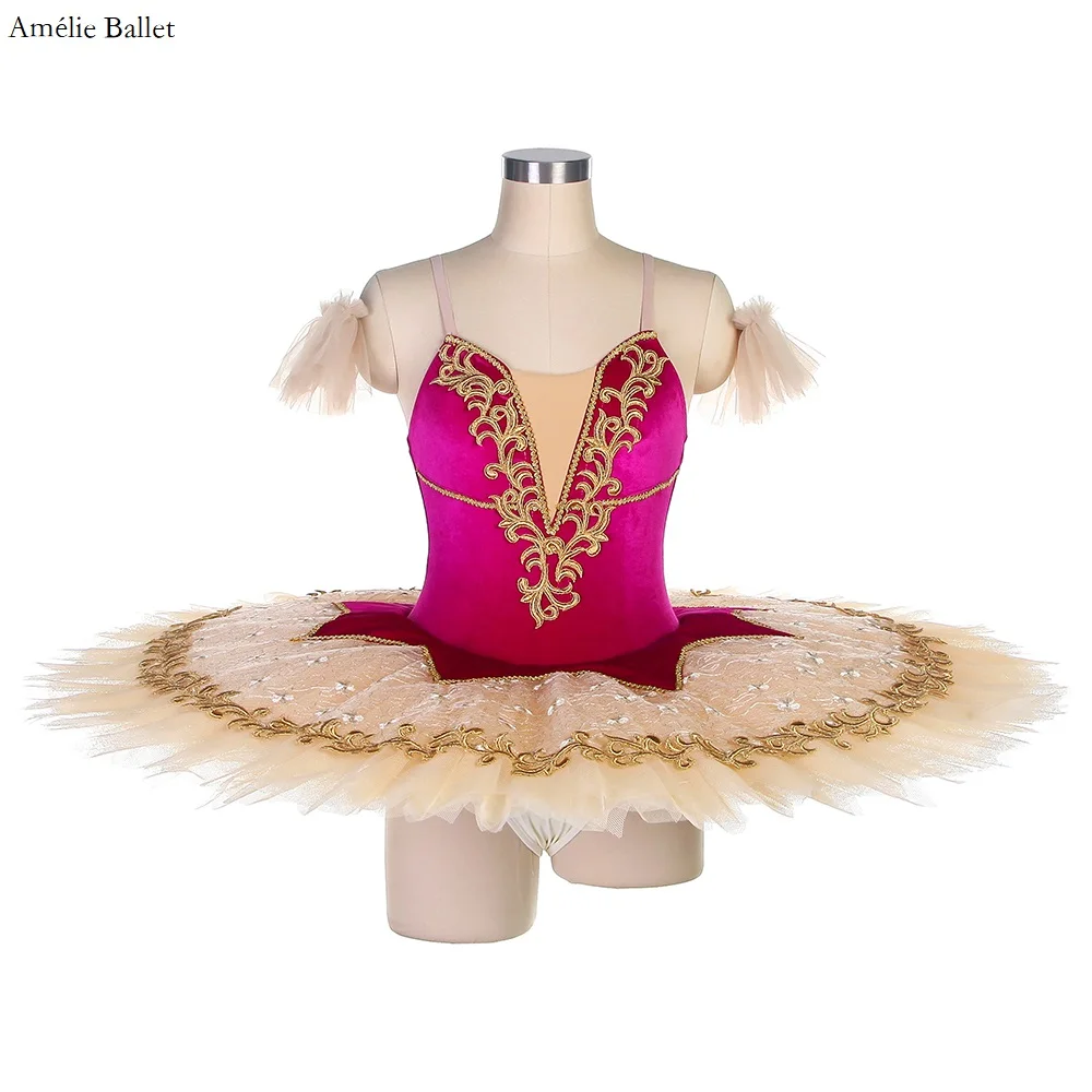 

BLL468 Hot Pink Stretch Velvet with Gold Applique Pre-professional Pancake Tutu Girls & Women Stage Performance Ballet Costume