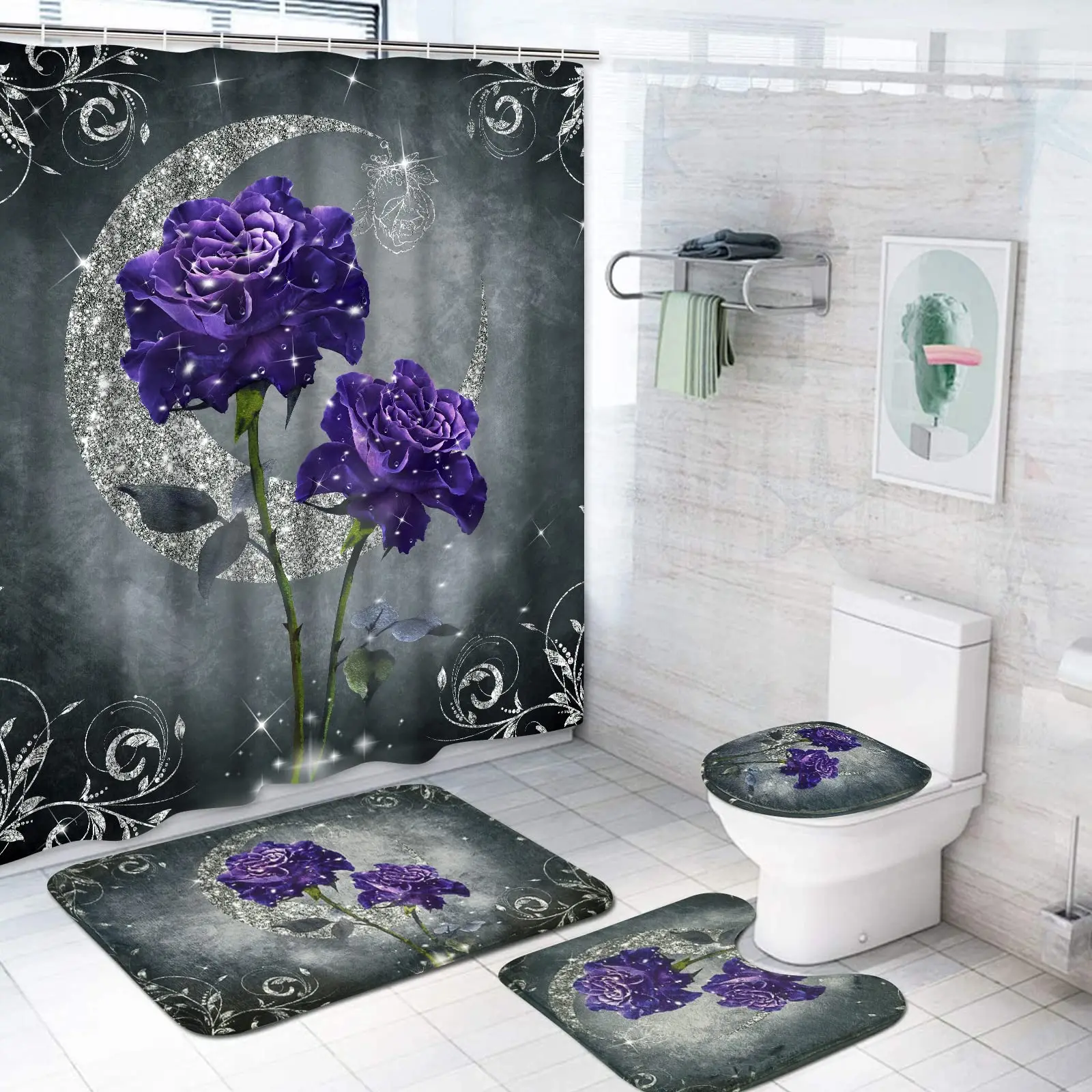 Purple Rose Moon Shower Curtain Waterproof Polyester Washable Non-Slip Mat Rugs Carpet Toilet Seat Cover Bathtub Bathroom Decor