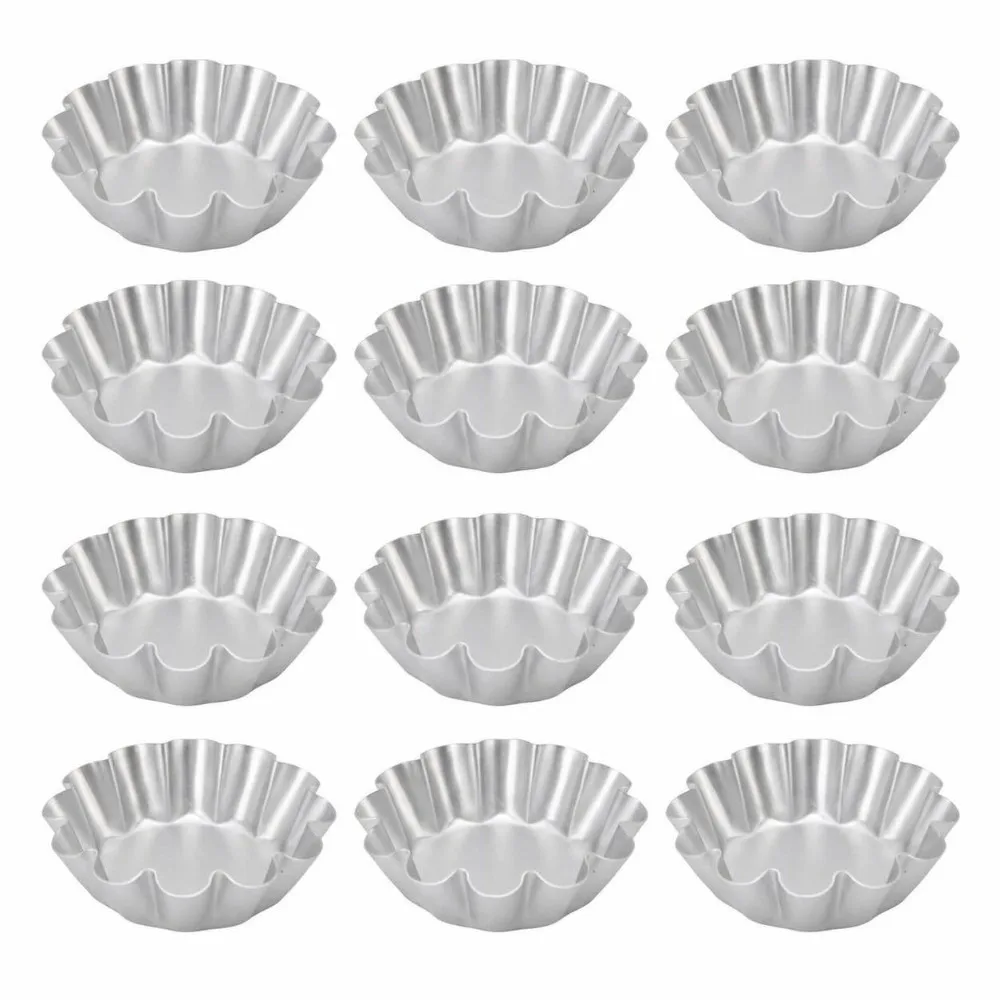 12PCS Aluminum Alloy Flower Pudding Mold Fluted Wave Edge Easy Release Surface Jelly Mold Flower Shaped Silver Fluted Cake Mold