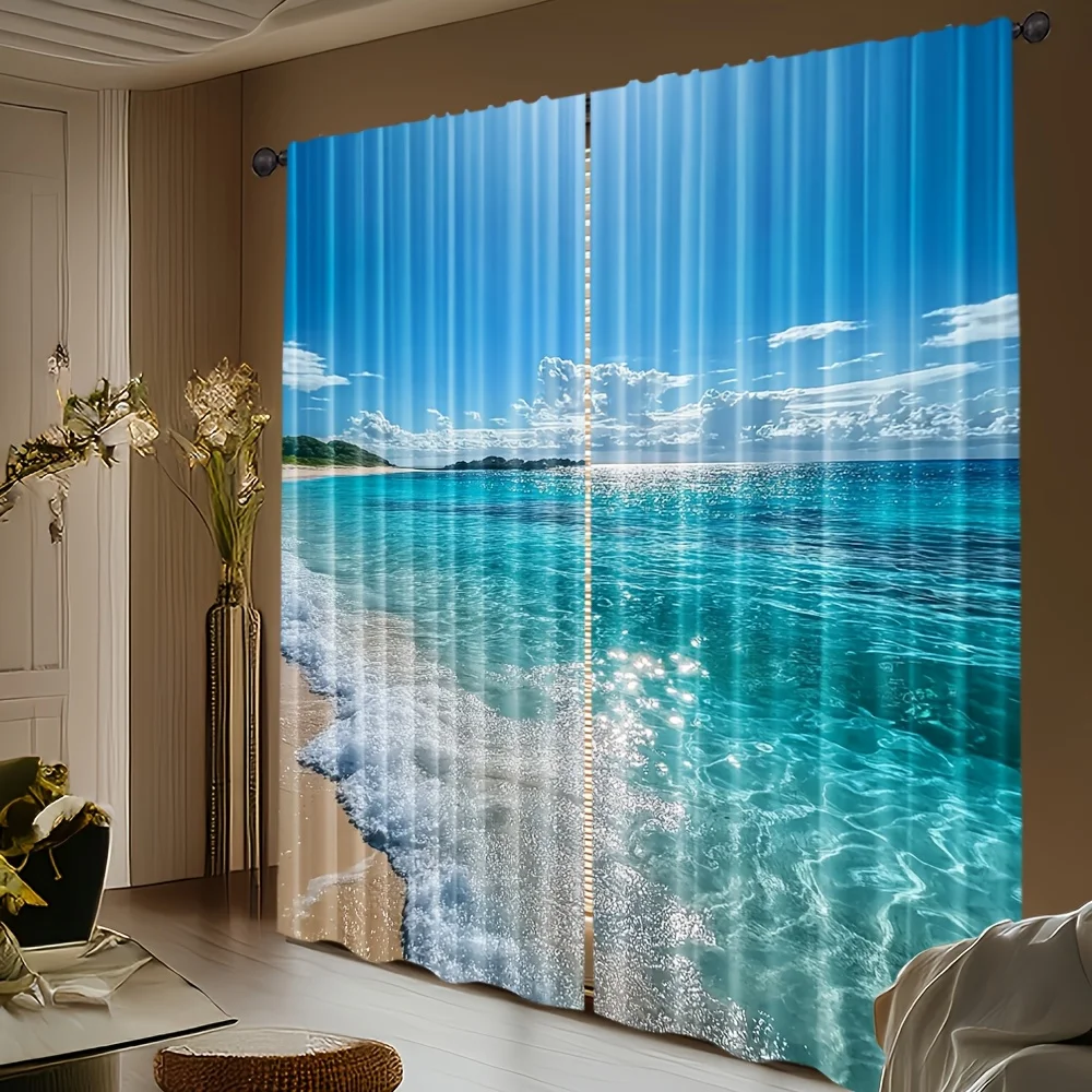 Summer beach pattern scenic printed curtains, pole-mounted installation. Suitable for living room bedroom, dining room and hotel