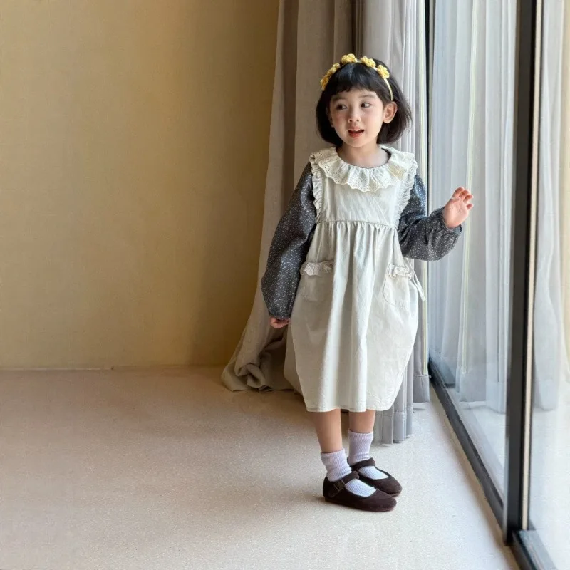 Girls' Korean Style Clothing 2026 Autumn New Item Girls' Lace Collar Floral Shirt and Sleeveless Vest Dress