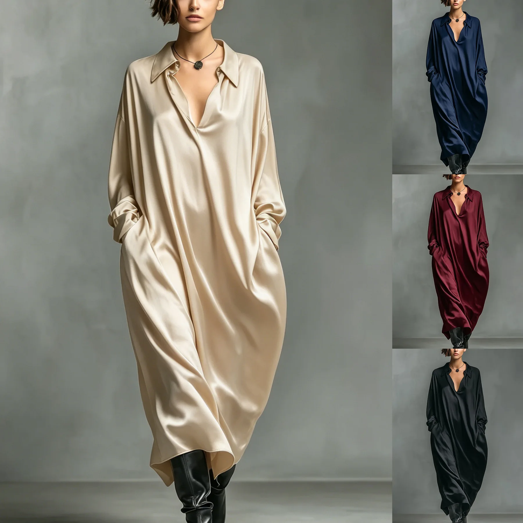 

Elegant Satin Long Sleeve Shirt Dress, Solid Color Flowy Blouse Top Dress, Spring Summer Matching Set Evening Dress