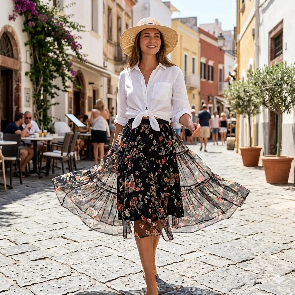 Patchwork Floral Print Layered Tulle Cake Skirt Midi Boho Romantic Summer Party Beach Date Outfit For Women And Teens Gift