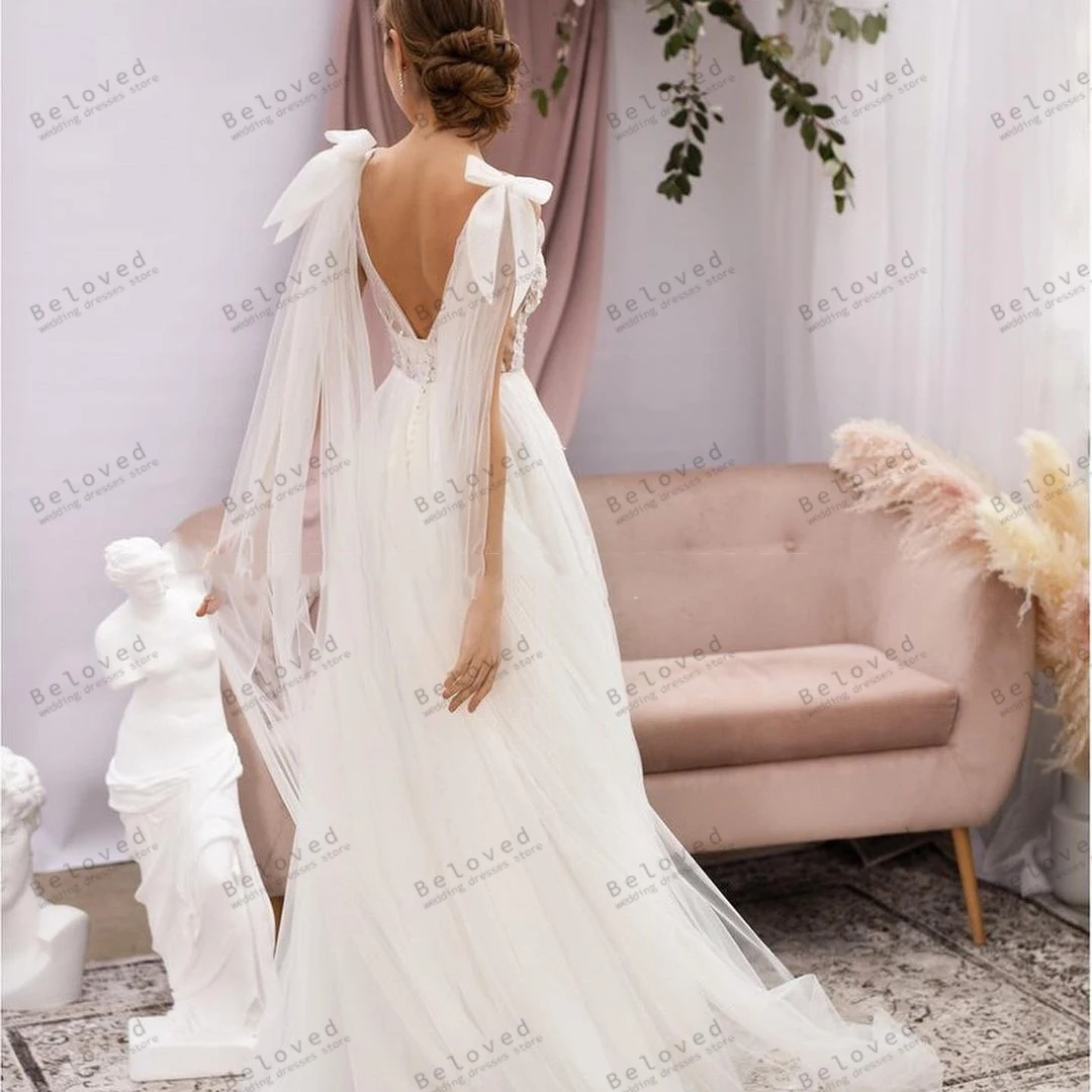 Vestidos de casamento graciosos Lace Appliques, vestidos de noiva sem mangas Backless, até o chão, Robes sexy para noivas