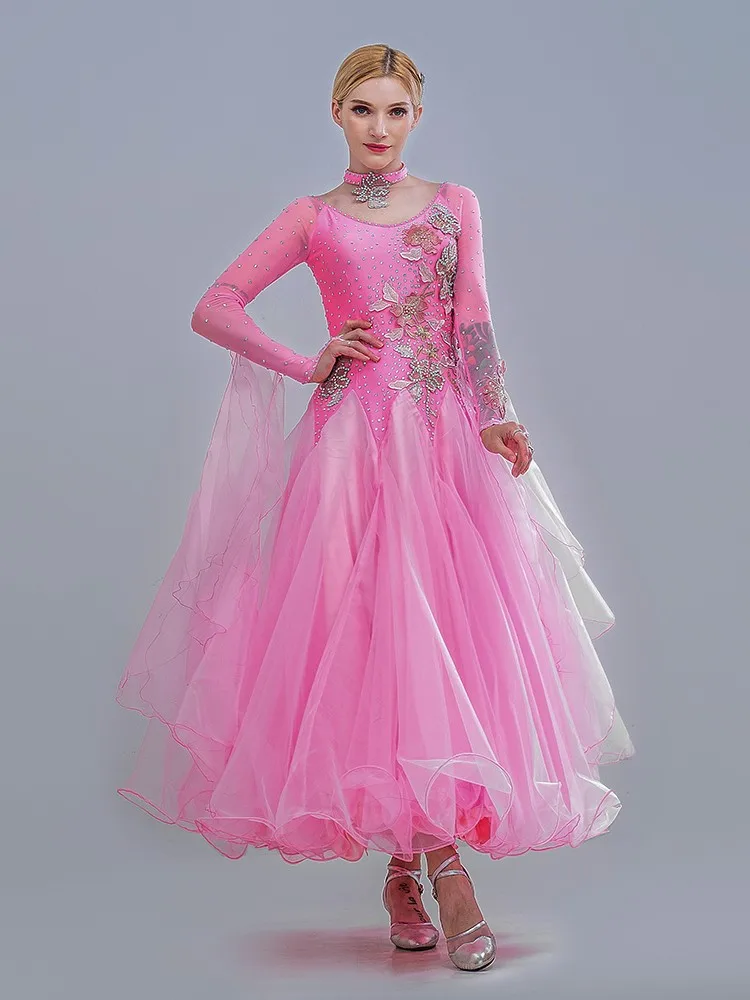 Women Pink Sequins Flying Yarn Ballroom Competition Dance Dress Viennese Waltz Dresses Clothes For Ballroom Dancing Rumba