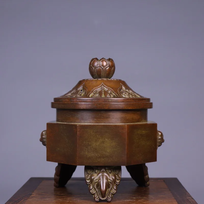 Retro Copper Octagonal Eight Treasures Censer Home Office Desktop Incense Burner Entrance Decor Antique Collectible Craft Gift