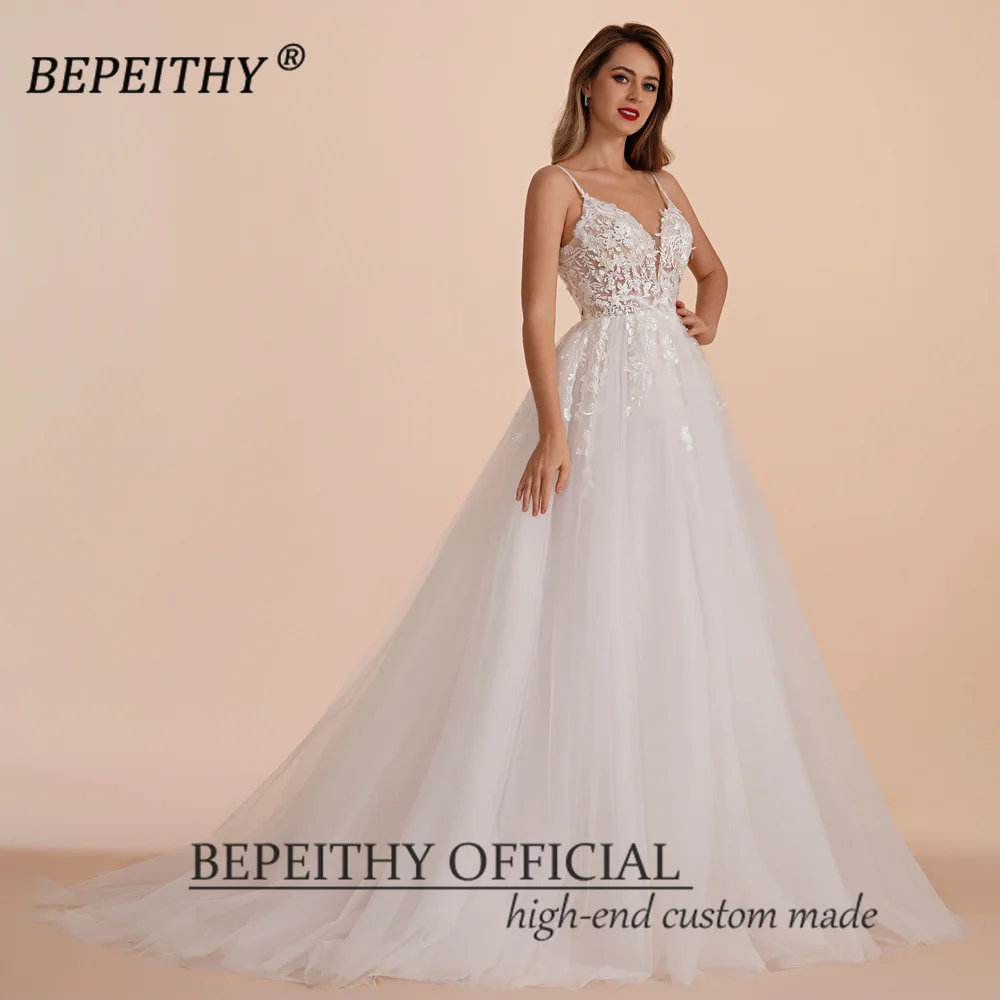 BEPEITHY Customized Boho Ivory A Line Lace Wedding Dresses For Bride Women 2023 Floor Length Sexy Garden White Bridal Gown New