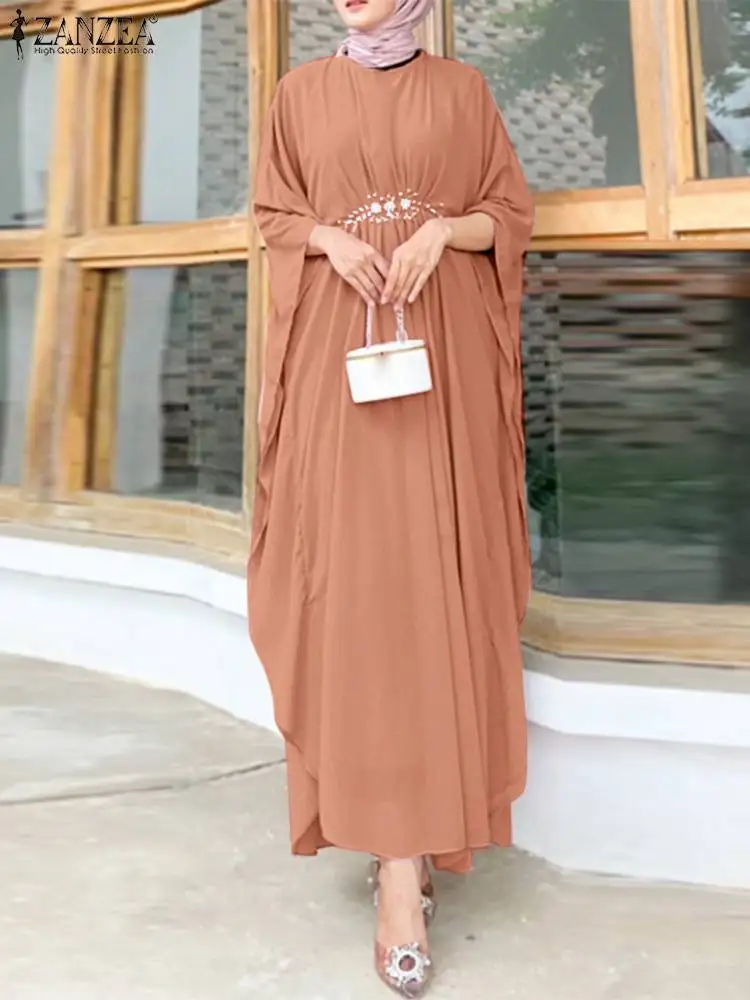 ZANZEA-Vestido musulmán de manga de murciélago para mujer, Vestido de verano liso de Dubái, Abaya de Turquía, Hijab, caftán para mujer