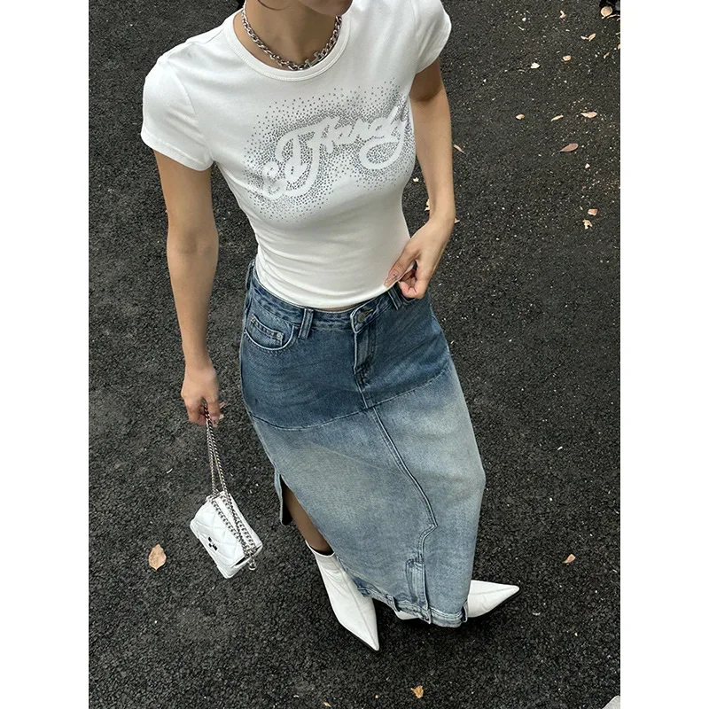 Pop outono/inverno nova saia jeans de emagrecimento de cintura alta design de nicho original algodão 13 fileiras em linha reta forma delicada meio comprimento