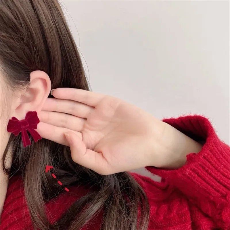 925 Silver Needle Korean Fashion Red Flocking Bow Earrings For Women Jewelry 2026 Trending New Women\'s Stud Earrings Accessories