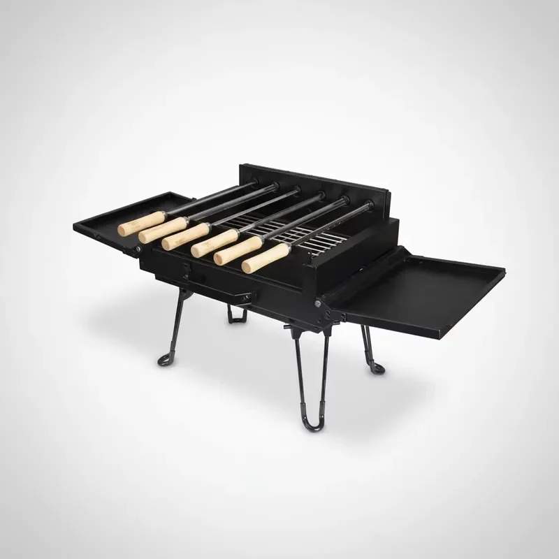 Mini Foldable Camping BBQ Grill with Automatic Rotating Motor Iron Construction Touch Control for Easy Taking BLACK