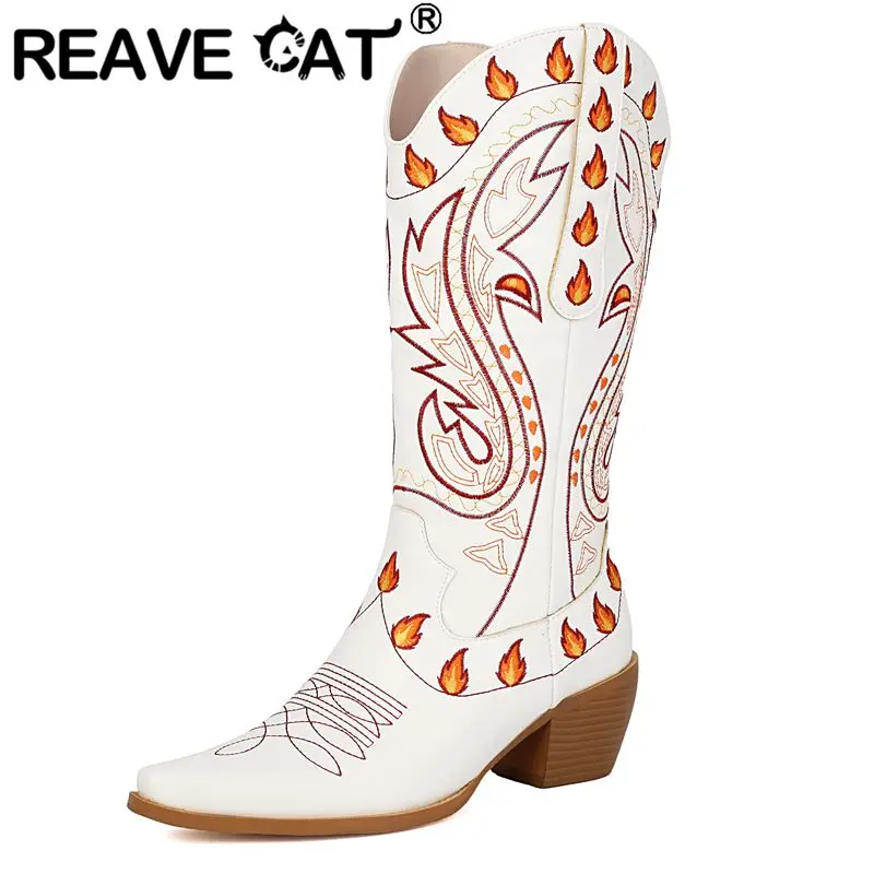 

REAVE CAT Cowboy Western Boots Round Toe 12cm High Heels 3.6cm Platform Back Zipper Mixed Color Oversize 41 42 43 Leisure Bota