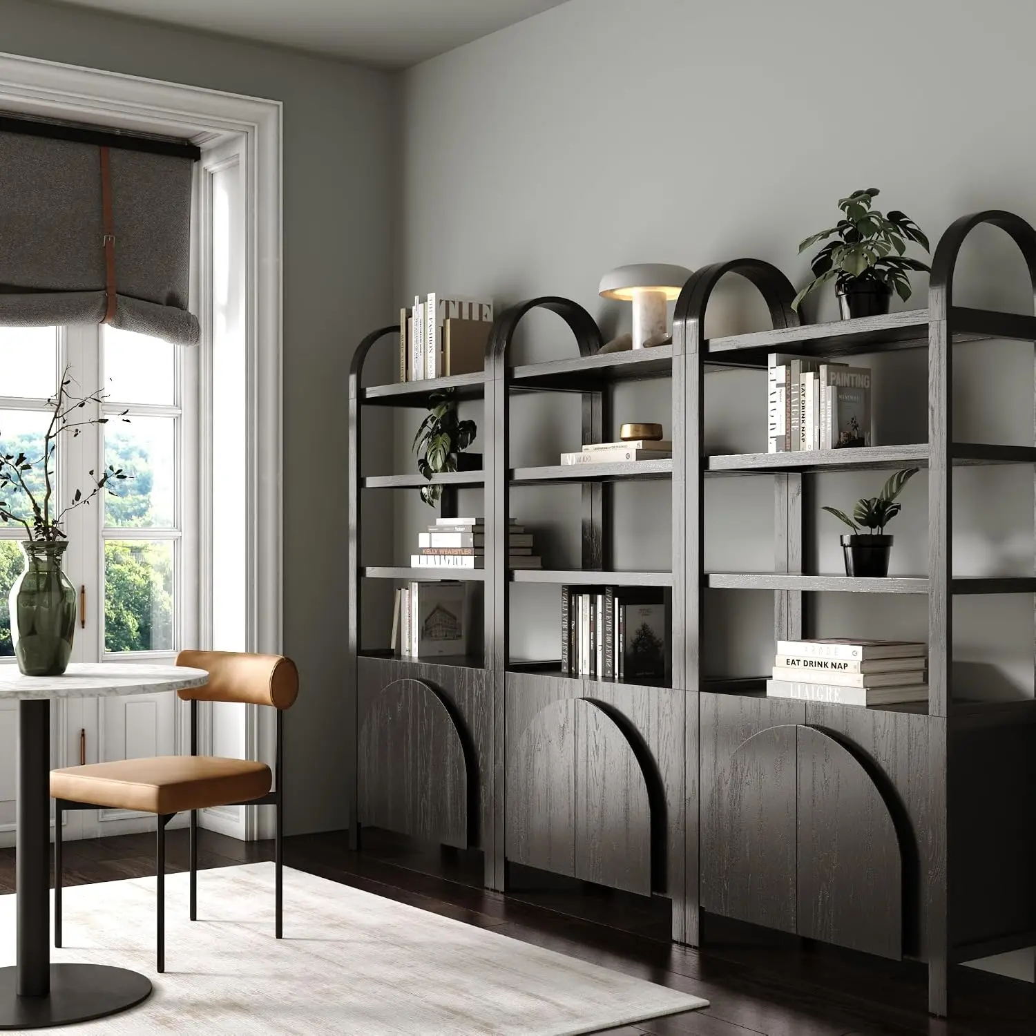 Nathan James Iris 3 Tier Bookshelf, Arched Bookcase Cabinet, Solid Wood Bookcase with Cabinet Base, Boho Bookshelf in Midnight C