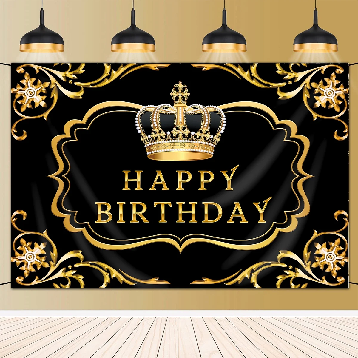 Happy Birthday Background Royal Crown Prince Gold Glitter Photo Backdrop Golden Curtain Customize Name Party Decoration Supplies