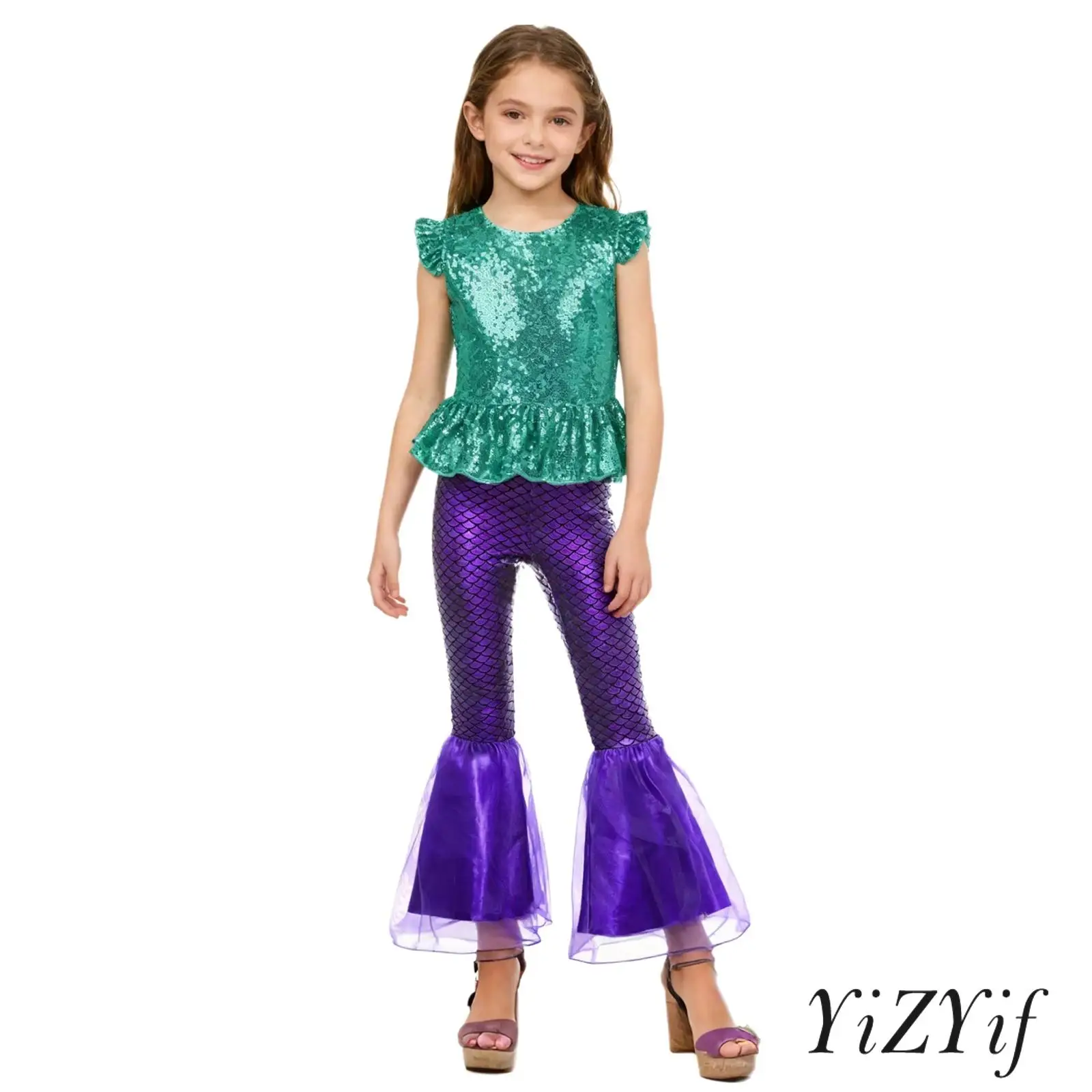 

Girls Radiant Mermaid Outfits with Flutter Sleeves Tops And Elastic Waist Flared Pants Two Piece for Underwater Theme Parties