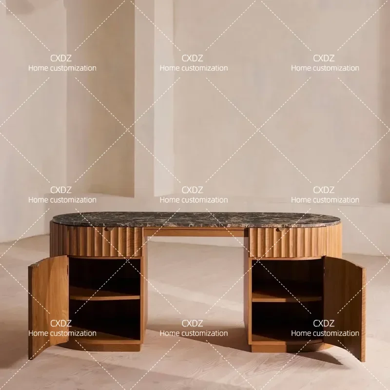 American Retro Marble Top Solid Wood Desk Home Study Office Writing Computer Table Antique Style Workstation for Living Room
