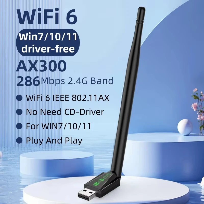 

KEBIDUMEI USB WiFi Wireless Adapter WIFI6 AX300 802.11AX Network Card 2.4GHz Dongle Receiver 286Mbps For PC/Laptop Win 7/10/11
