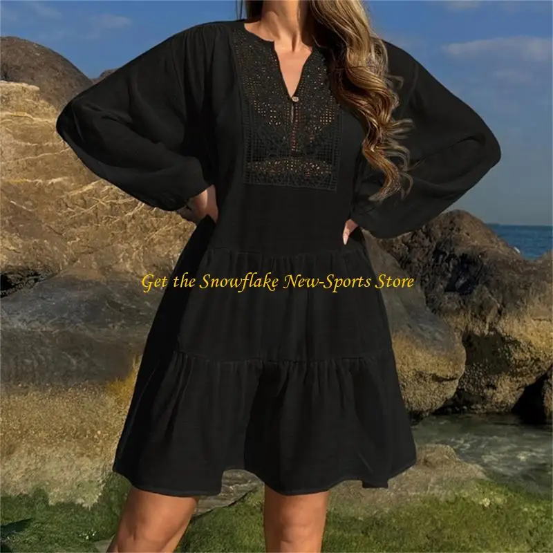 E56D Kobiet Długie rękawy sukienka plażowa w szpic w szyku luz luźna sukienka plażowa