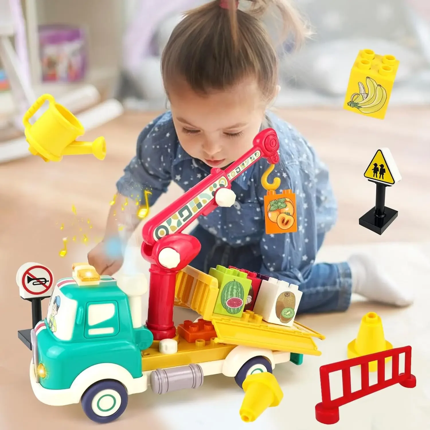 Vehicle Building Toy  with Road Sign Set,Fruit Transport Truck Building Blocks Toys with Sounds,Lights and Spray Effect for Kids