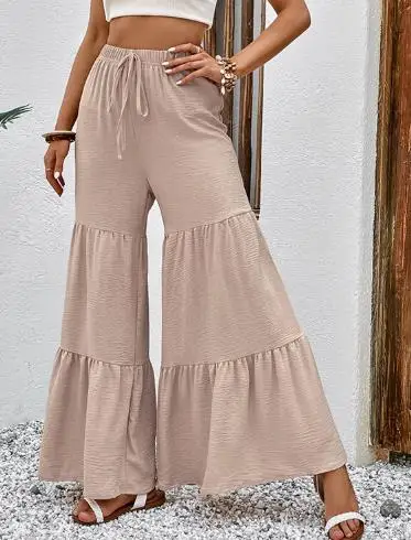 

2025 Summer New Casual Elastic Pants High Waisted Spliced Flared Pants for Women