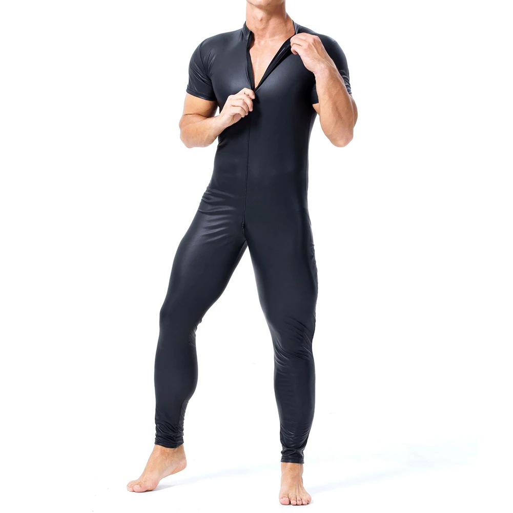 メンズセクシーなレザータイトシームレスボディスーツオープンクロッチパフォーマンスコスチューム半袖パンツ弾性通気性ランジェリー