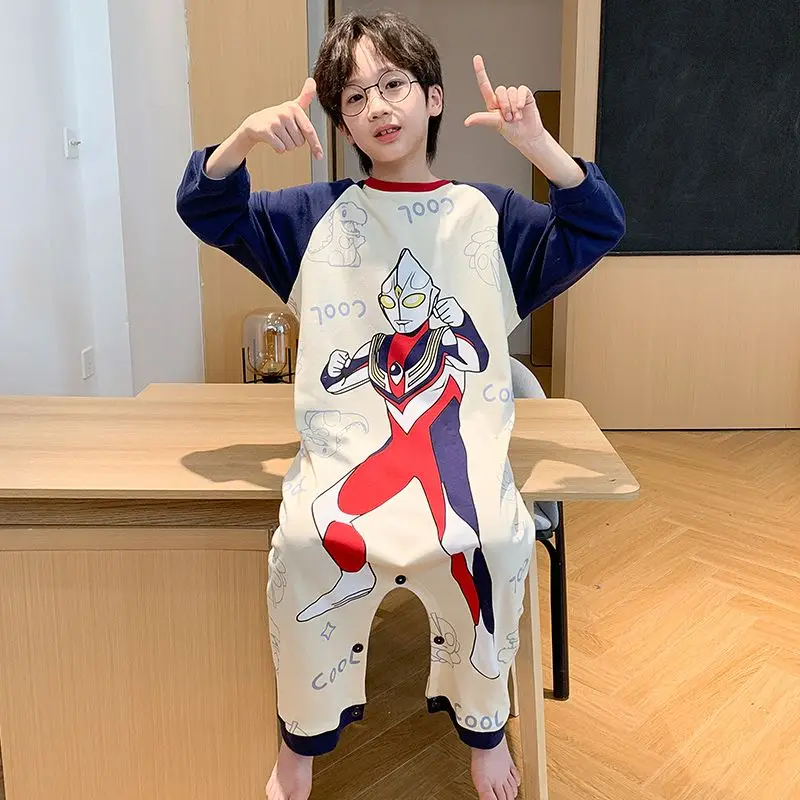 

Ultraman Print Boy Jumpsuit Pajamas Long Sleeve Cartoon Sleepwear Soft Cotton Anti-Kick Kids Homewear Anime Personality Cute