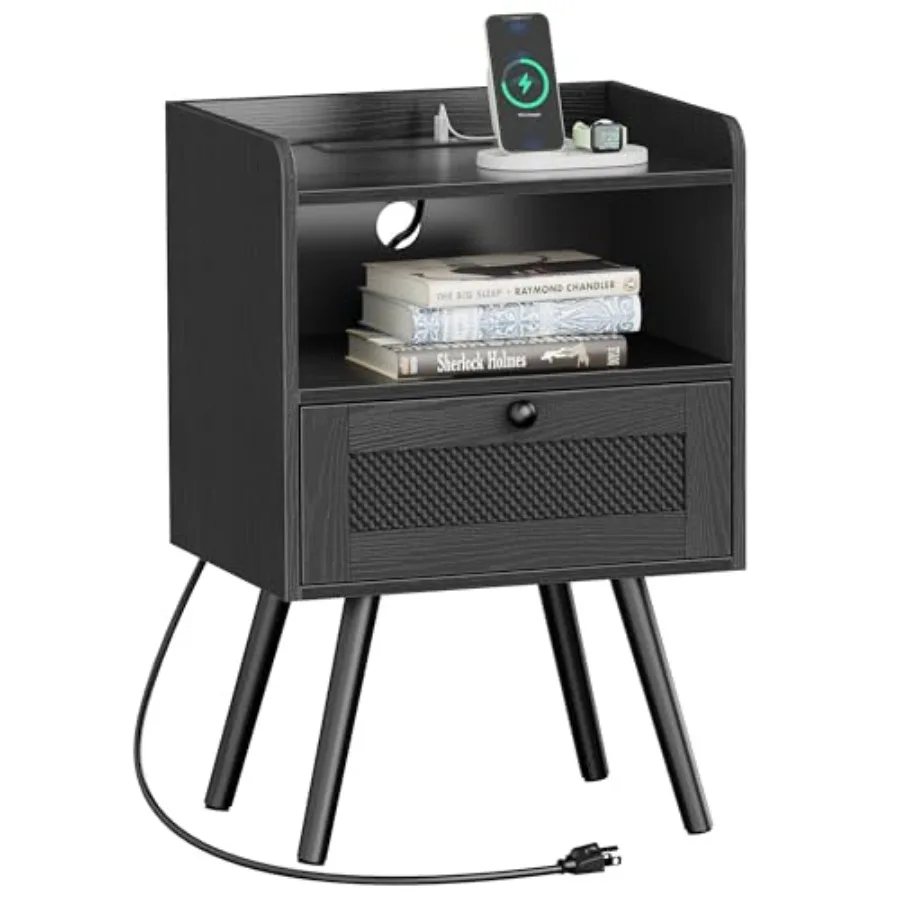 

Nightstand with Charging Station Bedside Table with Texilene Surface Drawers Rattan Side Table with Storage and Solid Wood Feet