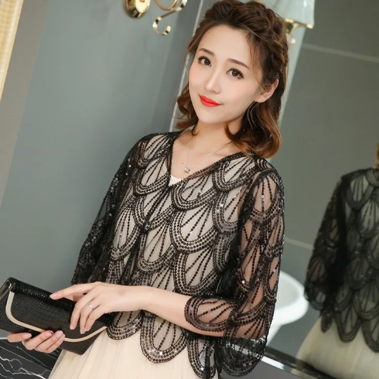 

Faionable Sequin Open Cardigan mid Sve Outerwear Trendy Women's ort Length Polyester Outer Jaet Commute Sle Loose Fit
