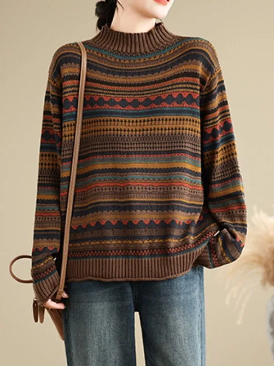 

Осень-зима, новый цветной полосатый повседневный длинный свитер свека больших размеров, женский этнический нож с высоким воротником...