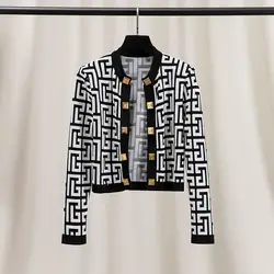 Fashionable Plaid Buttons Knitting Cardigan Sweater Coat Spring Autumn New Fashion Printing Women Clothing Top Tee Female Trend