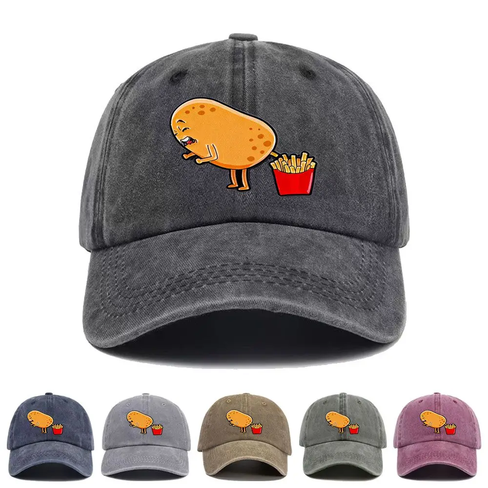 Vintage Washed Baseball Cap Funny Potato Fries Print Graphic Unisex Streetwear Casual Trucker Style Summer Cotton Sun Hat