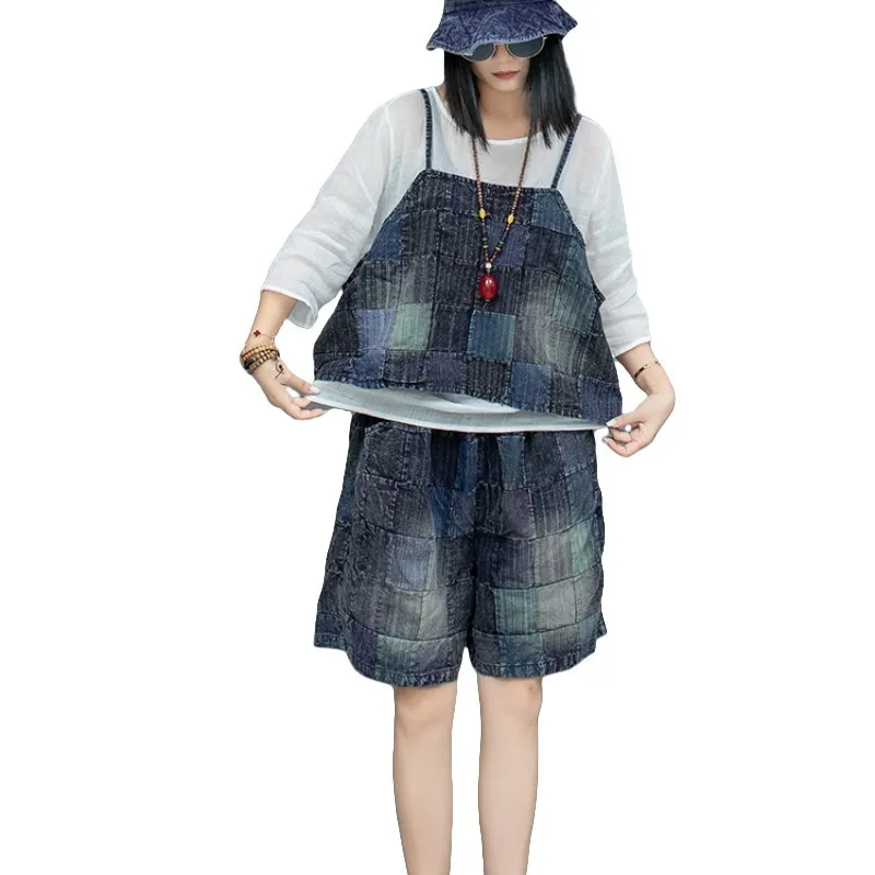 Heavy Industry Worn Splicing Old Cloth Hanging Strap Vest + Wide Leg Shorts Two Piece Set Women 2024 Summer Short Set LX1607