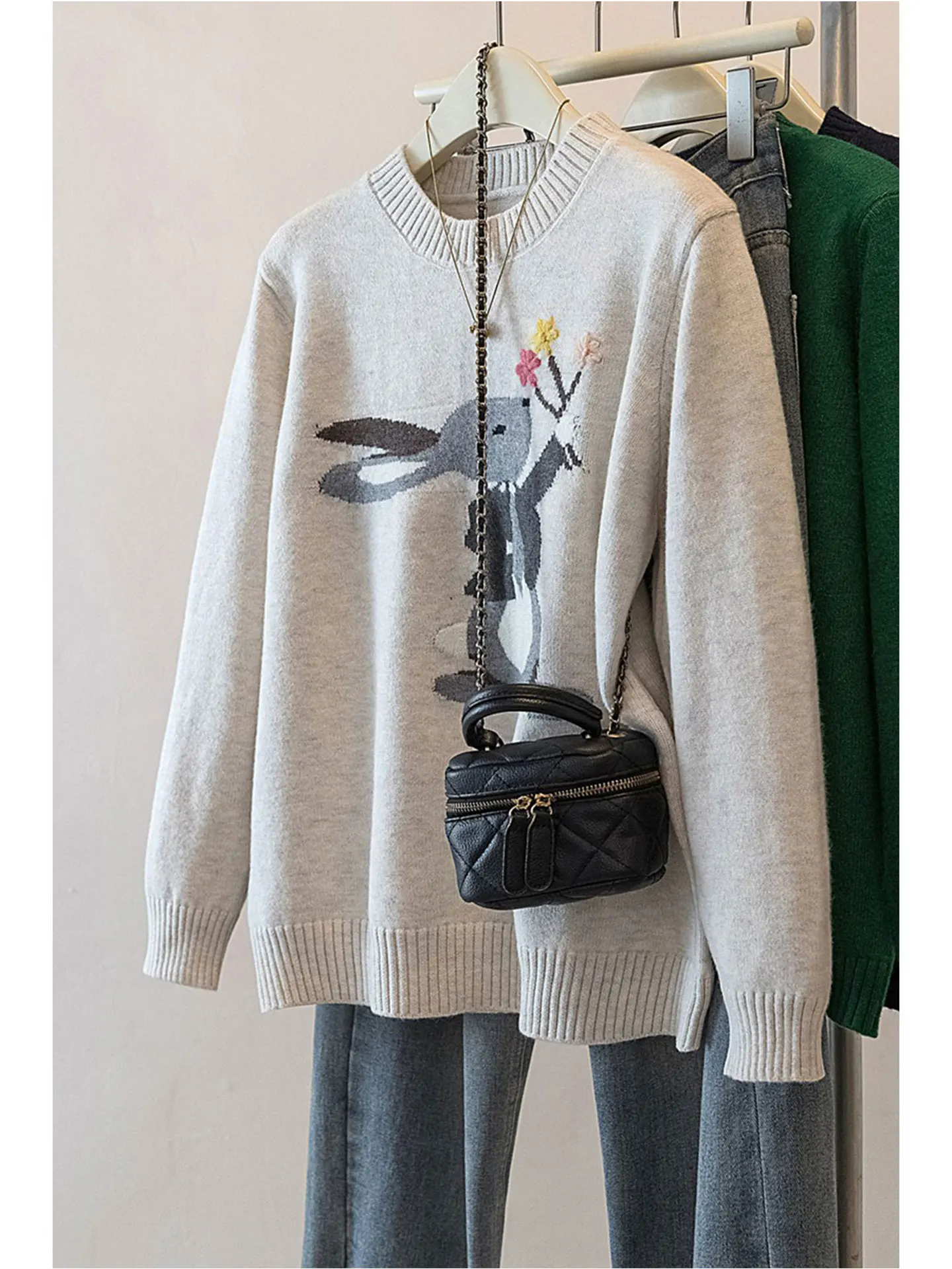 

Вязаный свитер Ele Long Sve для женщин с вышивкой кролика и цветов, больших размеров, модный осенне-зимний топ, стройнящий силуэт