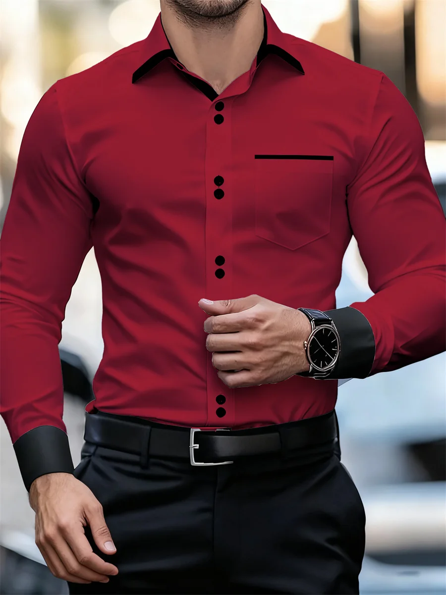 Men's Business Color Block Collar Long Sleeve Shirt, Slim Fit, Wrinkle-Free, Black and White Patchwork Shirt, Men's Fashion Top - Image 5