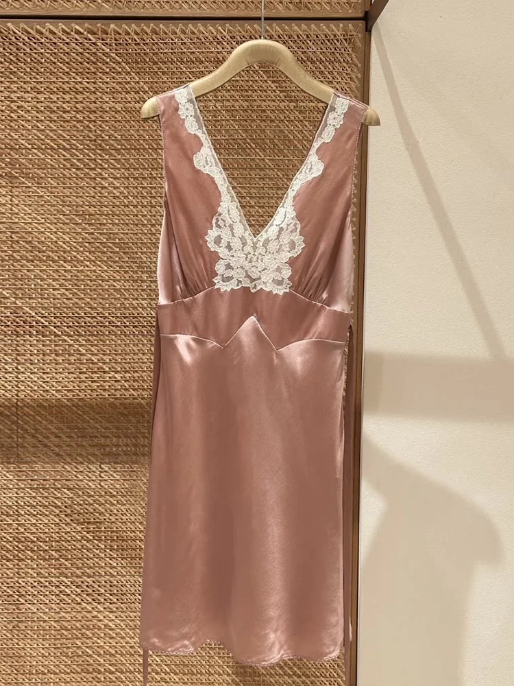 

Sexy Lace V-neck Sleeveless Short Skirt Dress Women's High Waist Cotton Blend Fabric Short Bodycon Dress for Date And Party