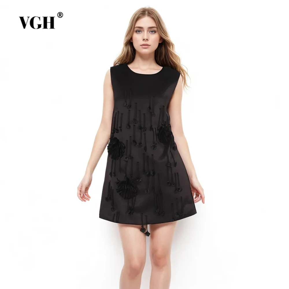 VGH Solid Patchwork Appliques Temperament Dress For Women Round Neck Sleeveless High Waist Elegant Dresses Female Fashion New