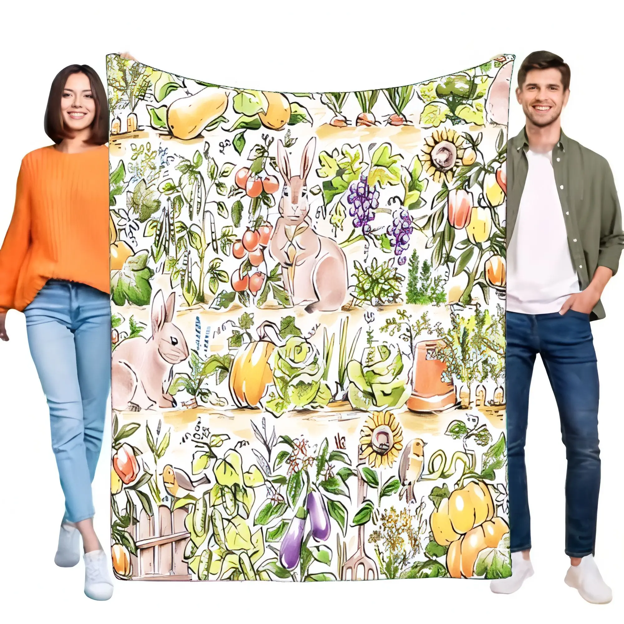 Whimsical Garden Rabbit Vegetable Throw Blanket - Super Soft Flannel Fleece, Cozy Farm Nature Bed Sofa Decor, Unique Cartoon Ani