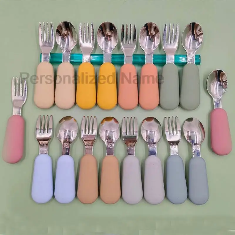 Custom Logo 2PC/Set Baby Silicone Tableware Children Stainless Steel Dinnerware Toddler Cutlery Infant Food Feeding Spoon Fork