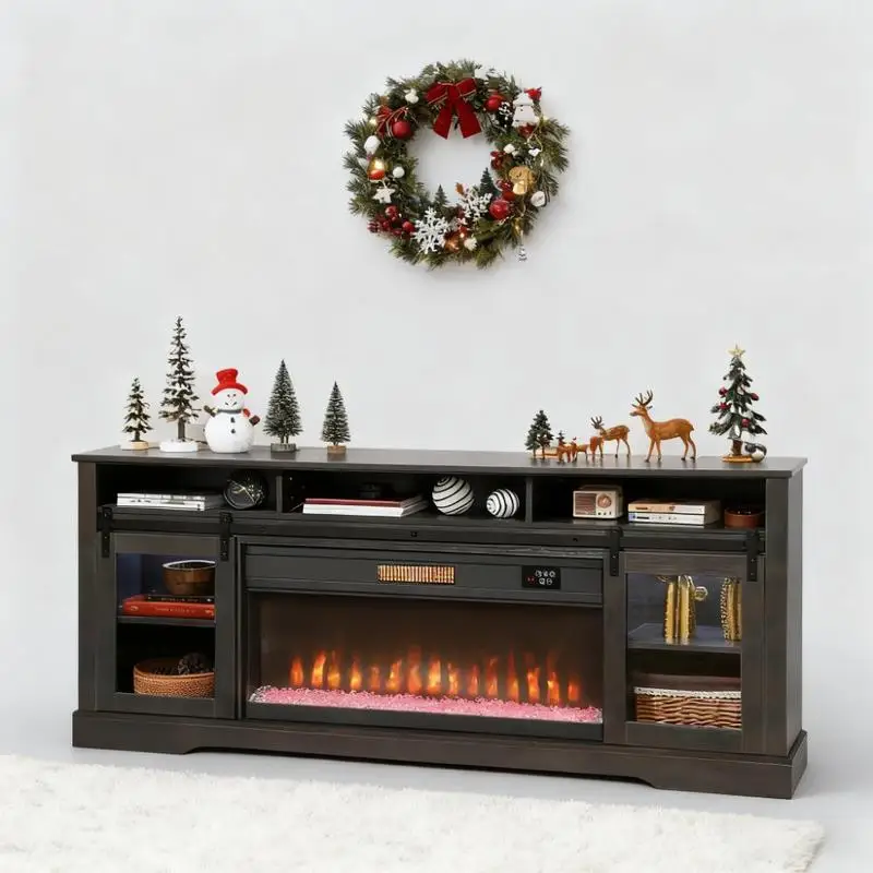 Electric Fireplace TV Console with Open Storage & Side Cabinets